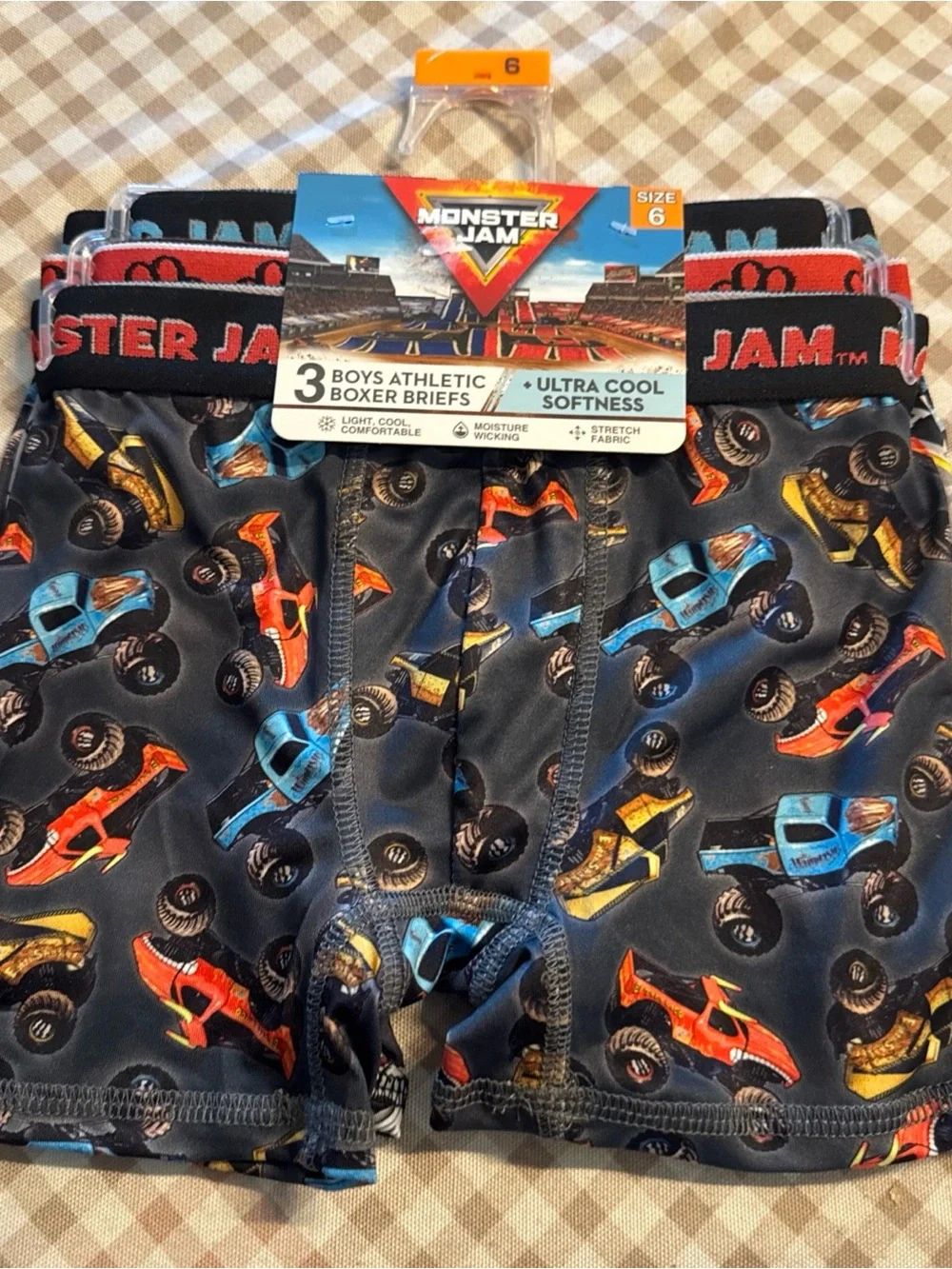 Boys' Athletic Boxer Briefs - Black with Multicolor Monster Trucks, Size 6